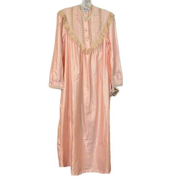 Vintage Other - Vintage Silky Long Sleeve Nightgown M Pink Grandmacore Cottagecore Prairie Lace